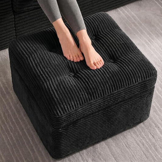 23.6in Pouf Ottoman, Corduroy Ottoman Foot Rest with Dual‑Layer Support, Large Plush Pouf with Soft Chunk‑Foam Top & Firm Foam Base, Floor Foot Stool for Living Room, Black