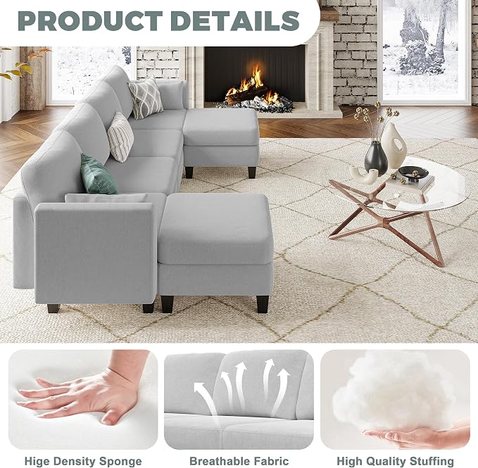 Modular Sectional Sofa, 6 Seaters Modular Sleeper Sofa Couch, Comfy Sectionals Couches Bed, Convertible Sofas with Ottomans, Sectional Couches for Living Room, Light Grey