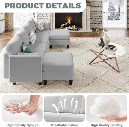 Modular Sectional Sofa, 6 Seaters Modular Sleeper Sofa Couch, Comfy Sectionals Couches Bed, Convertible Sofas with Ottomans, Sectional Couches for Living Room, Light Grey