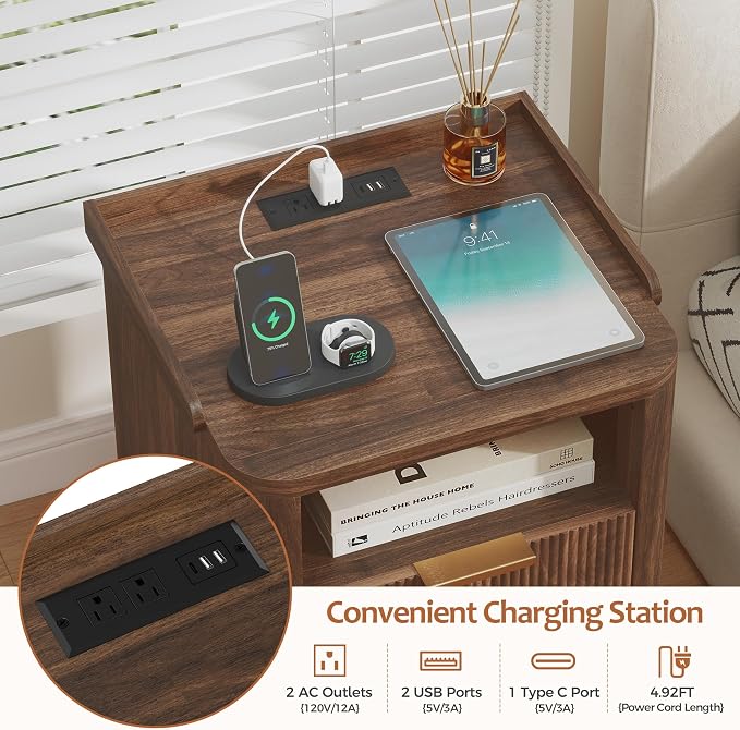 Turosur Night Stand with Charging Station, Fluted Nightstand with 2 Drawers and LED Light, Wood Bedside Table with Open Storage for Bedroom, Walnut