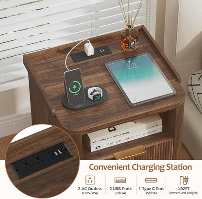 Turosur Night Stand with Charging Station, Fluted Nightstand with 2 Drawers and LED Light, Wood Bedside Table with Open Storage for Bedroom, Walnut
