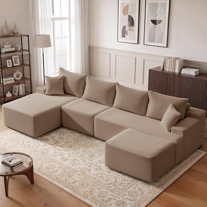 Mangodan 118'' Cloud Sectional Couch, U Shaped Boneless Couches for Living Room, Modular Sectional Sofa with Deep Seat Light Facing Chaise, Comfy Cloud Couch Sofa, Camel
