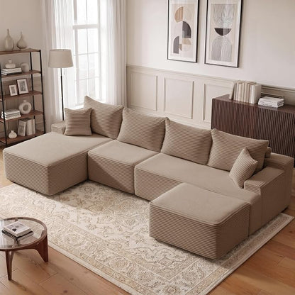 Mangodan 118'' Cloud Sectional Couch, U Shaped Boneless Couches for Living Room, Modular Sectional Sofa with Deep Seat Light Facing Chaise, Comfy Cloud Couch Sofa, Camel
