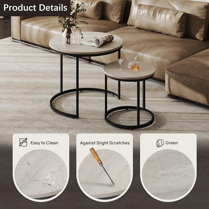 Otterease Nesting Tables Set of 2, Round Coffee Table, Small Nesting Coffee Table with Adjustable Non-Slip Fee, Wood Grain Top Nesting Tables for Living Room, Bedroom (Wood Grain Grey)