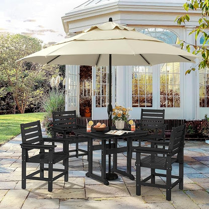 5 Piece Patio Dining Set, 35" Square HDPE Weather Resistant Outdoor Table & 4 Patio Chairs Set with 1.96" Umbrella Hole, Heavy Duty for Small Space Backyard Balcony, Black