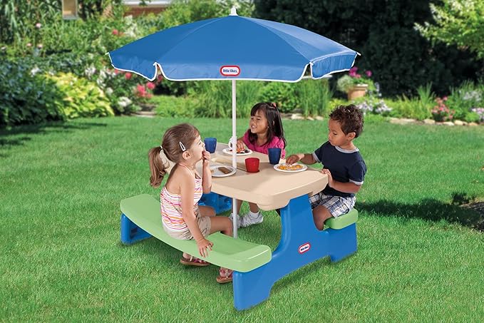 Little Tikes Easy Store Picnic Table with Umbrella, Multi Color, 42.00''L x 38.00''W x 19.75''H