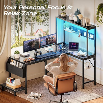 PRAISUN L Shaped Gaming Desk with LED Lights & Power Outlets, Reversible Computer Desk with Storage Shelves & Bag, Large Corner Home Office Desk with Pegboard for Work from Home, Carbon Fiber Black