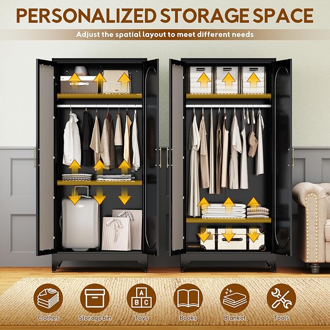 UNICOLY Metal Wardrobe Cabinet with Mirror Doors，71" Tall Armoire Wardrobe Closet with Hanging Rod and Adjustable Shelves，Black Clothing Storage Cabinets for Bedroom, Living Room,Office