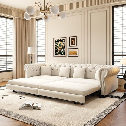 89'' Pull Out Sofa Bed King, Chesterfield Velvet Sleeper Sofa, Convertible L-Shaped Futon Couch, Tufted Back, 4 Pillows, Ottoman, Deep Seat Loveseat Couches for Living Room, Apartment, Beige