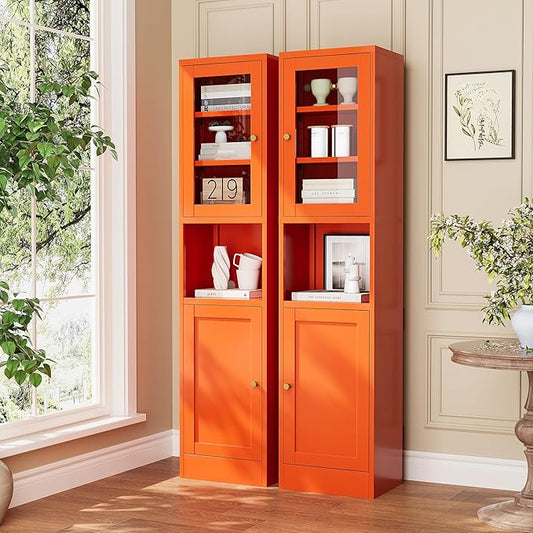 Metal Bathroom Storage Cabinet, Tall Narrow Cabinet with Glass Doors Ajustable Shelves Open Countertop, Slim Sideboard for Small Spaces, Living Room, Kicthen, Dining Room