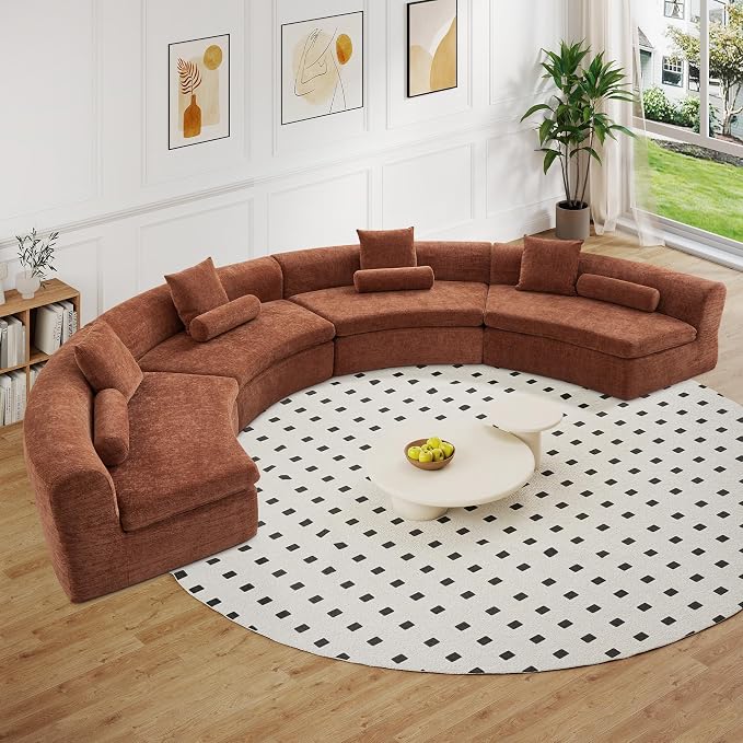 AVZEAR Curved Modular Sectional Sofa, Chenille Upholstered Cloud 4 Seater Couch for Living Room, No Assembly Modern Love Seat Sofa with 4 Bolster Pillows & 4 Square Pillows, High-Density Foam, Orange