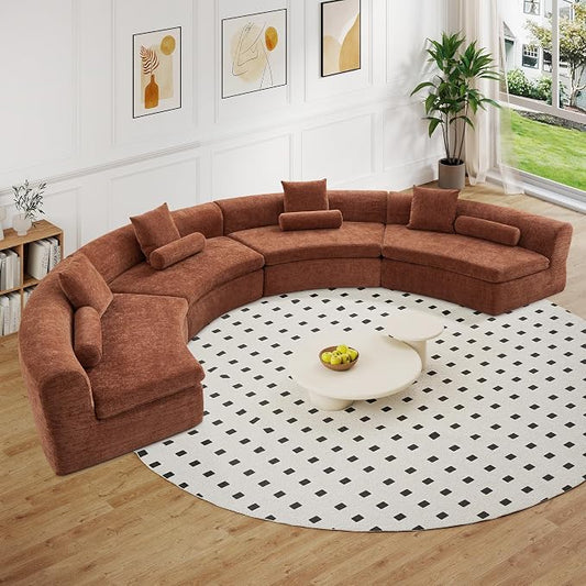 AVZEAR Curved Modular Sectional Sofa, Chenille Upholstered Cloud 4 Seater Couch for Living Room, No Assembly Modern Love Seat Sofa with 4 Bolster Pillows & 4 Square Pillows, High-Density Foam, Orange