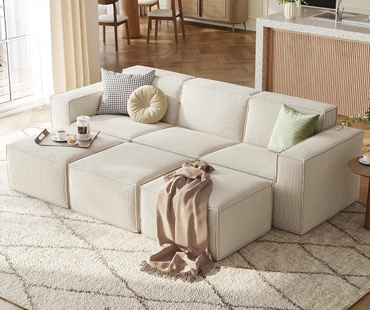 LINSY HOME Modular Sectional Sofa Sets, 105" Boneless 3-Seat Sofa Bed, Large Corduroy Sectional Cloud Couches for Living Room, No Assembly Required, Beige