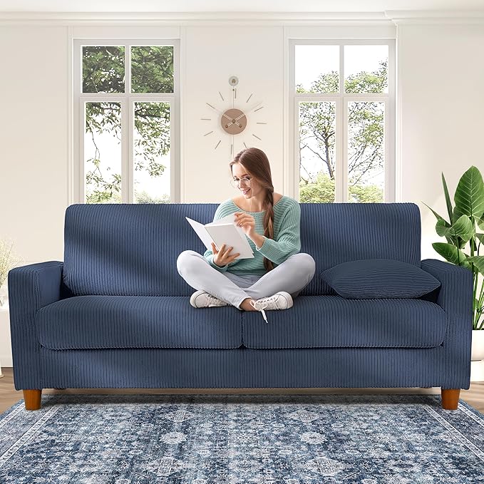 Kidirect 70in L Shaped Couch, Modular Sofa No Tool Assembly, Comfy Sectional Couches for Living Room 21in Deeper Seats, Corduroy Sofas for Living Room with 2 Pillows, Loveseat Sofa Set, Blue Couch