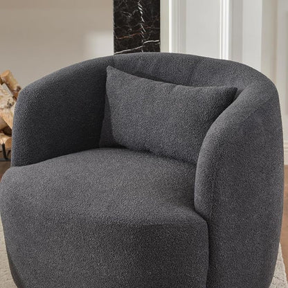 KINWELL 34" Wide Boucle Swivel Barrel Chair, No Assembly Round Upholstered Armchair Accent Chair Single Sofa Chair with Toss Pillow for Living Room and Bedroom, Dark Grey