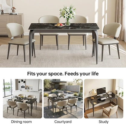 55" Black Rectangular Sintered Stone Dinner Table | Fits Modern and Farmhouse Style for Indoor,Outdoor,Kitchen,Apartment,Small Space,Picnic Use，Household Dinner Table