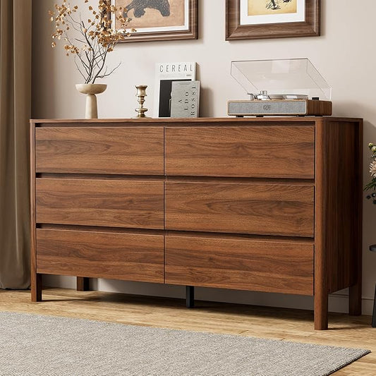 Furniway 55" Mid-Century Modern Dresser for Bedroom, 6 Drawer Wide Chest of Drawers with Wood Legs, Large Storage Bedroom Dresser, Walnut