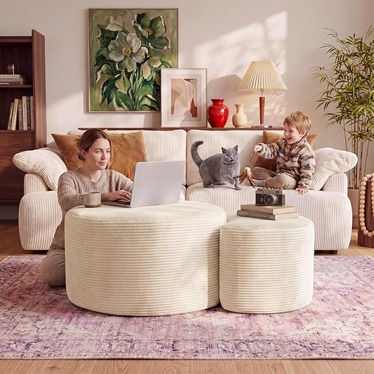BSHOMGI Round Coffee Table Set of 2, Movable Ottoman for Corduroy Cloud Sectional Couches Circle Foam Round Side Table for Living Room, Bedroom Entryway and Small Spaces No Assembly (Beige)