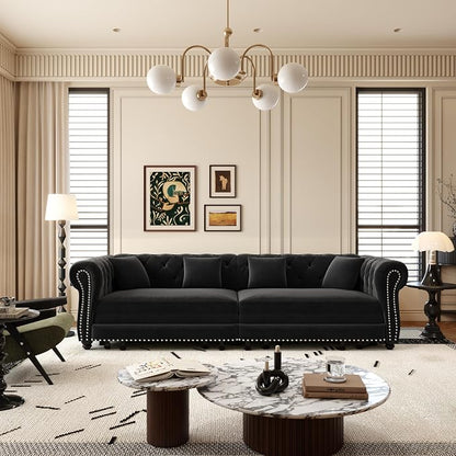 89" Velvet Convertible Sofa Bed Couch - Queen Sleeper Sofa with Ottoman, Button Tufted Chesterfield Sofa, King Size Pull Out Sleeper Couch Bed for Small Spaces Apartments, Living Room, Black