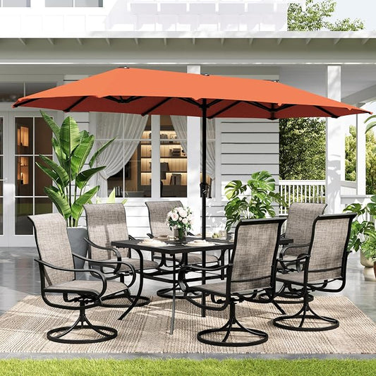 Sophia & William Patio Set with Umbrella 8 Pieces Outdoor Dining Set for 6 with 13ft Outdoor Orange Red Umbrella, 6 x Swivel Patio Chairs with 59" Dining Table for Lawn Garden (No Umbrella Base)