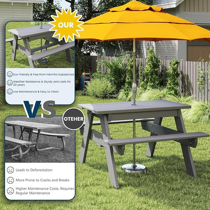 FOOWIN Kids 3-in-1 Sand & Water Table,HDPE Outdoor Convertible Picnic Table w/Detachable Tabletop, for Outdoor Backyard Patio Play Grey