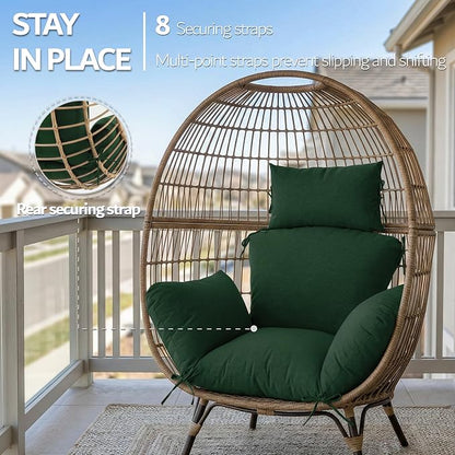 Egg Chair Cushion with 8 Securing Straps, Water-Repellent & Fade-Resistant Faux Linen, Removable Cover, Replacement Cushion for Most Single Outdoor Hanging Swing Egg Chairs – Olive Green