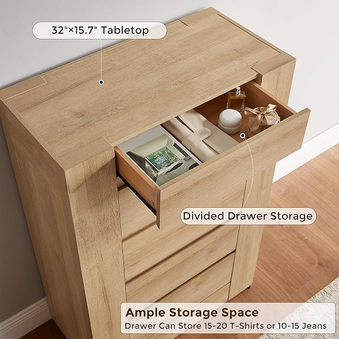 OKD 5 Drawer Dresser for Bedroom, 48" Tall Dresser Chest of Drawers with Thick Wood Design, Handleless, Modern Bedroom Dresser, Storage Organizer for Living Room/Entryway, Natural Oak
