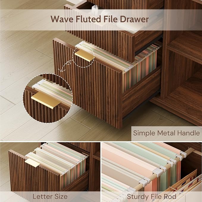 L Shaped Desk with Lift Top & Power Outlets, 63'' x 55'' Executive Computer Desk with 3 Fluted Drawers, Storage Shelves, CPU Stand, Industrial Standing Desk for Office (Schatt Walnut)