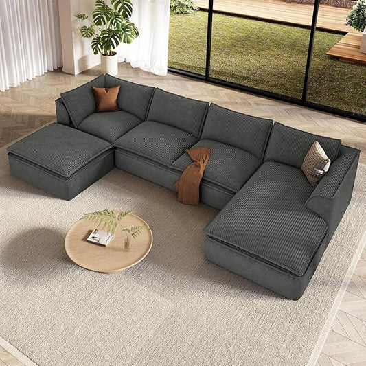 Vesgantti 141.7" U Shaped Boneless Sectional Couch, Modern 6 Seater Modular Sofa with Chaise & Ottoman, Deep Seat Corduroy Cloud Couches for Living Room, No Assembly Required, Dark Gray