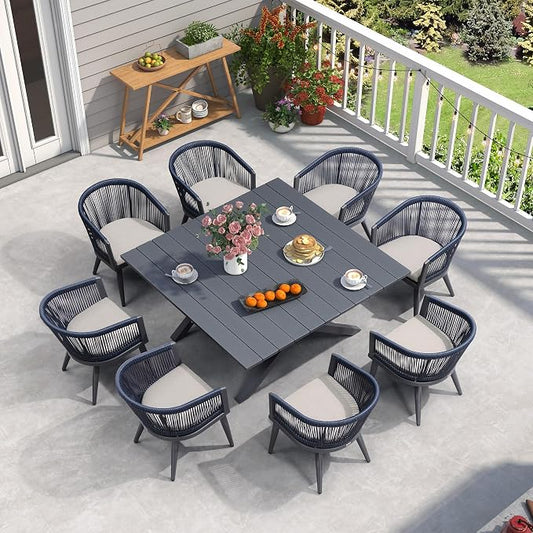 PURPLE LEAF Outdoor Dining Set for 8 All-Weather 9 Piece Patio Aluminium Dining Large Square Table and Rope Weave Chairs Included Cushions for Backyard Decor Kitchen Patio Furniture Set Grey and Navy