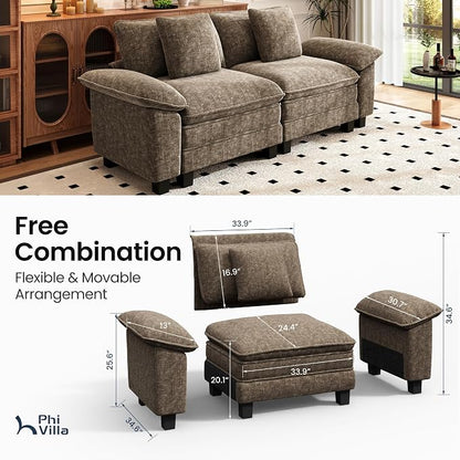 PHI VILLA Indoor Modular Couches Sets, 87.5" Sectional Loveseat Sofa with Upholstered Deep Seat, 2-Seater Comfy Couches for Living Room Bedroom, Chenille Grayish Brown