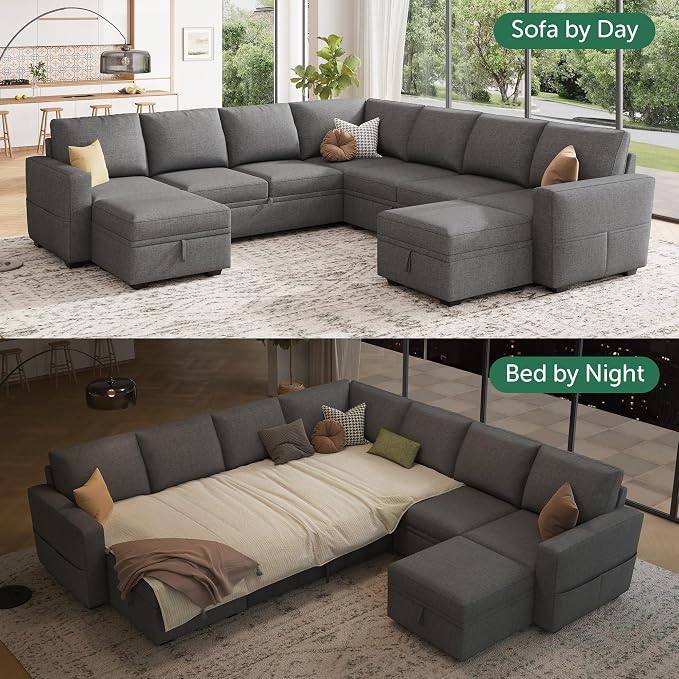 HONBAY Modular Sectional Sleeper Sofa with Pull Out Couch, Oversized U Shaped Sleeper Pull Out Bed with Storage Sectional Couches for Living Room - Dark Grey