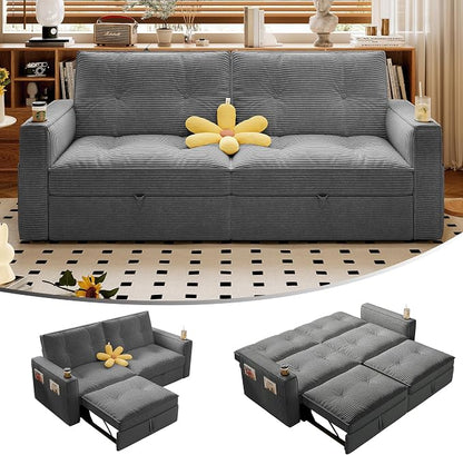 73.2'' Futon Sofa Bed Full Size, Pre-Assembled Pull Out Couch, Adjustable Backrest, Corduroy Convertible Sleeper Sofa, 2 Cup Holders, USB, Pockets, Loveseat for Living Room, Apartment, Grey | Soft Material