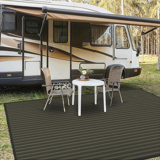 GENIMO Outdoor Rug for Patio Clearance, 10'x14' Reversible Plastic Straw Rugs, Lightweight Waterproof RV Camping Mat for Camper, Balcony, Deck, Backyard, Picnic, Black & Brown
