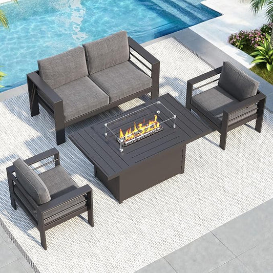 Solaste Aluminum Patio Furniture Set with Fire Pit Table, 4 Piece Metal Outdoor Furniture with Water-Resistant Cushions, Modern Patio Conversation Set for Balcony, Front Porch, and Backyard, Grey