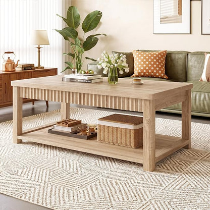 Homkdom Fluted Coffee Table, 2-Tier Storage Shelf, Oak | Heavy Duty 200 lb Capacity, Kids Friendly Rounded Corners