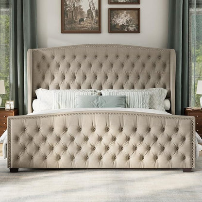 AMERLIFE King Size Platform Bed Frame, Linen Upholstered Bed with Deep Button Tufted & Nailhead Trim Wingback Headboard/No Box Spring Needed/Beige