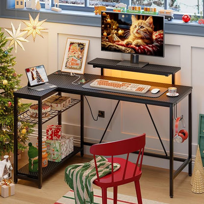 Bestier 52" Gaming Desk with Integrated Power Outlet & USB Ports, L-Shaped Computer Desk with LED Strip & Headphone Hooks, Perfect for Home Office Pink,Carbon Fiber Black