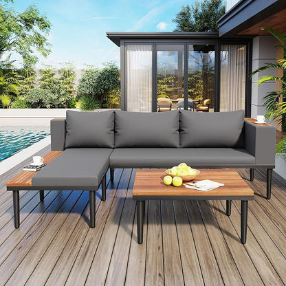VilroCaz Luxury Outdoor Patio Furniture Set, L-Shaped Acacia Wood Sectional Sofa with Side Table, All-Weather Conversation Set with Removable Cushions and Coffee Table for Backyard Porch (Gray-4.20)