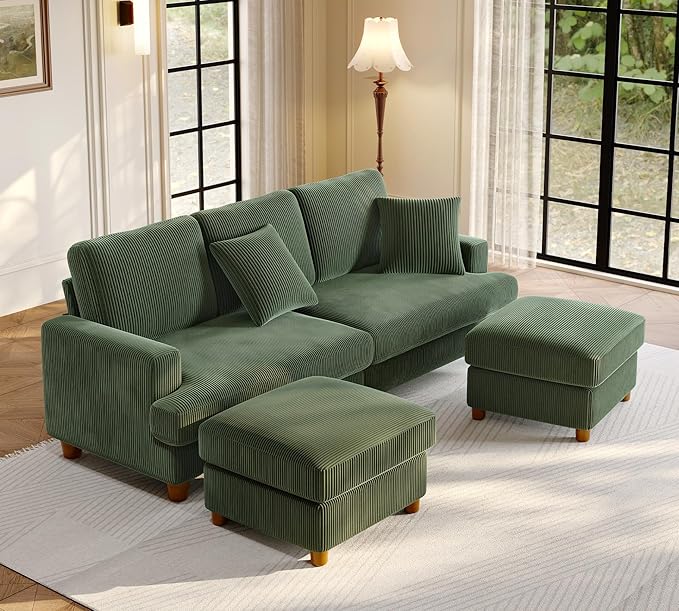 Welzona 87.2" Couches for Living Room, Comfy U Shaped Couch Green 7.5" Thicker Cushion, Sofas for Living Room Tool-Free Setup, Loveseat with Ottoman 848lbs Support, Corduroy Couch for Bedroom, Office