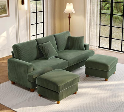 Welzona 87.2" Couches for Living Room, Comfy U Shaped Couch Green 7.5" Thicker Cushion, Sofas for Living Room Tool-Free Setup, Loveseat with Ottoman 848lbs Support, Corduroy Couch for Bedroom, Office