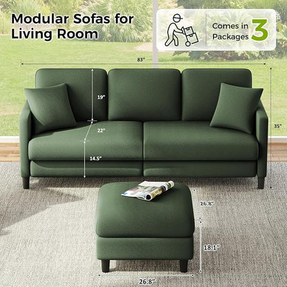 Welzona 83" Couches for Living Room, Teddy Sofa Couch with Storage Ottoman, L Shaped Couch with Movable Ottoman, Tool-Free Modular Sectional Sofa, All-Wood Sofas for Living Room 2 Pillows, Green