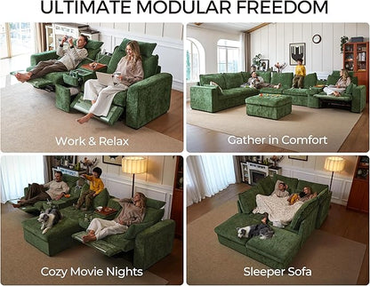 138.6'' Oversized Power Recliner Sofa with Headrest, Modular Cloud Sectional Couch with Convertible Table, Charging, Drawer, Cup Holder, 4-Seater with Storage Ottoman, Chenille, Green