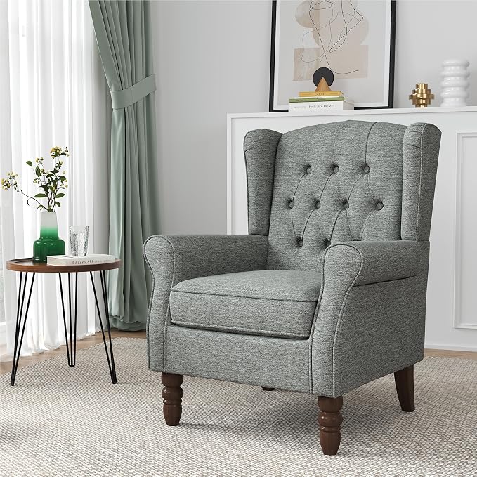 Wingback Accent Chair, Button-Tufted High Back Armchair for Living Room, Upholstered Wingback Chair with Solid Wood Legs, Comfy Single Sofa Reading Chair for Bedroom, Grey