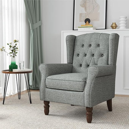 Wingback Accent Chair, Button-Tufted High Back Armchair for Living Room, Upholstered Wingback Chair with Solid Wood Legs, Comfy Single Sofa Reading Chair for Bedroom, Grey