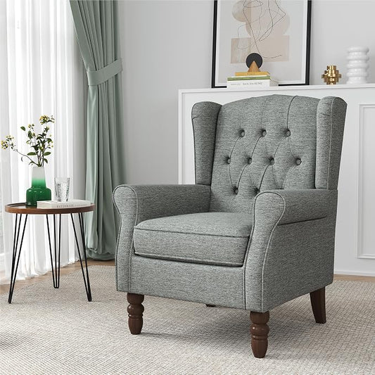 Wingback Accent Chair, Button-Tufted High Back Armchair for Living Room, Upholstered Wingback Chair with Solid Wood Legs, Comfy Single Sofa Reading Chair for Bedroom, Grey