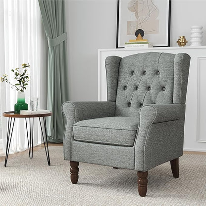 High Back Accent Chairs Set of 2, High Wingback Chair for Living Room, Button-Tufted Upholstered Fabric Armchair with Solid Wood Legs, Comfy Single Sofa Reading Chair for Bedroom, Gray