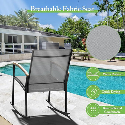 Shintenchi 3 Pieces Patio Rocking Bistro Sets,Outdoor Textilene Fabric Conversation Bistro Set,Front Porch Rocker Chairs Small Patio Furniture Set with Table for Lawn,Garden,Balcony(Light Gray)