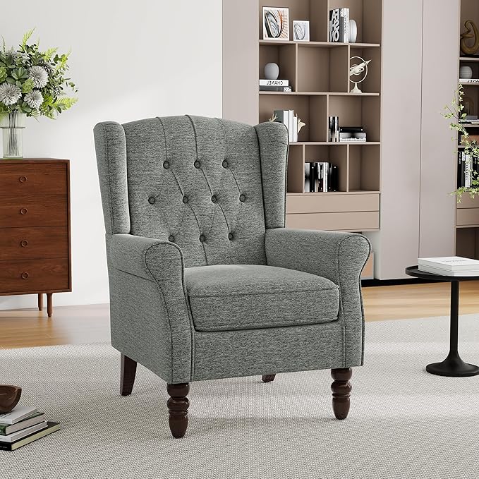 Mid-Century Modern Wingback Accent Chair - Plush Upholstered Armchair with Solid Oak Legs, Ergonomic High Back Design for Living Room, Bedroom Home Office - Stylish Retro Reading Lounge Chair, Gray