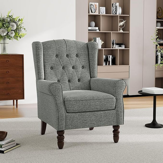 Mid-Century Modern Wingback Accent Chair - Plush Upholstered Armchair with Solid Oak Legs, Ergonomic High Back Design for Living Room, Bedroom Home Office - Stylish Retro Reading Lounge Chair, Gray